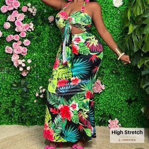 SHEIN Tropical Print Halter Dress - Multicolor Summer, Vacation & Resort Wear